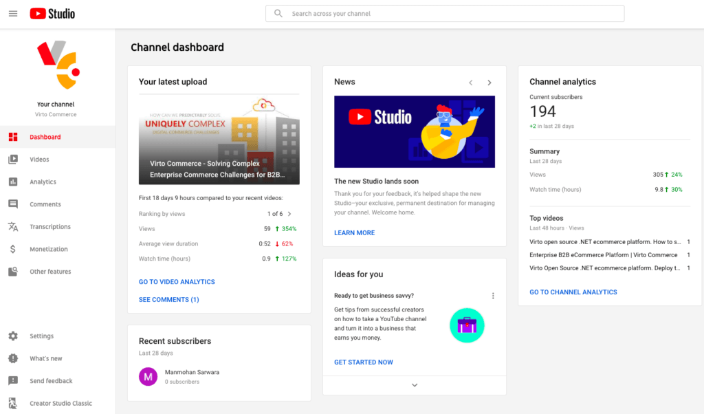 various KPIs in YouTube Creator Studio dashboard